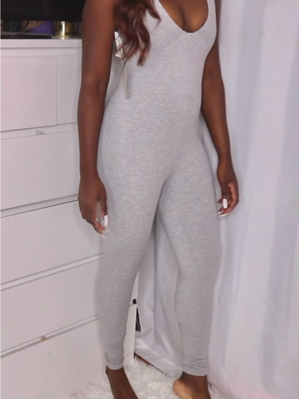 The Group by Babaton Light Gray V-Neck Jumpsuit